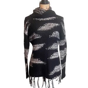 Venus Womens Casual Boho Cozy Winter Fringe Turtleneck Sweater Black Gray Medium